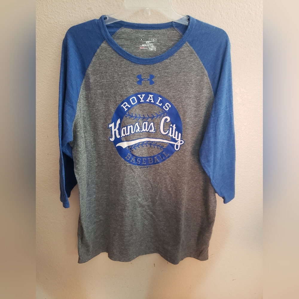 Under Armour Men's Kansas City Royals Gray and Royal Blue Raglan Long Sleeve Tee